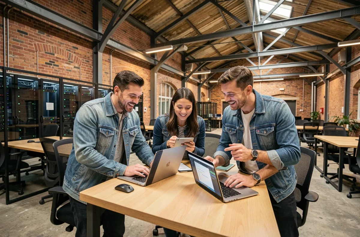 A diverse team of professionals collaborate on digital tools in a converted Victorian warehouse co-working space in Manchester, illustrating digital transformation in established UK businesses.