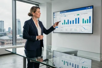 A senior businesswoman reviews digital transformation data on a large screen in a modern City of London boardroom, representing progress in established UK businesses.