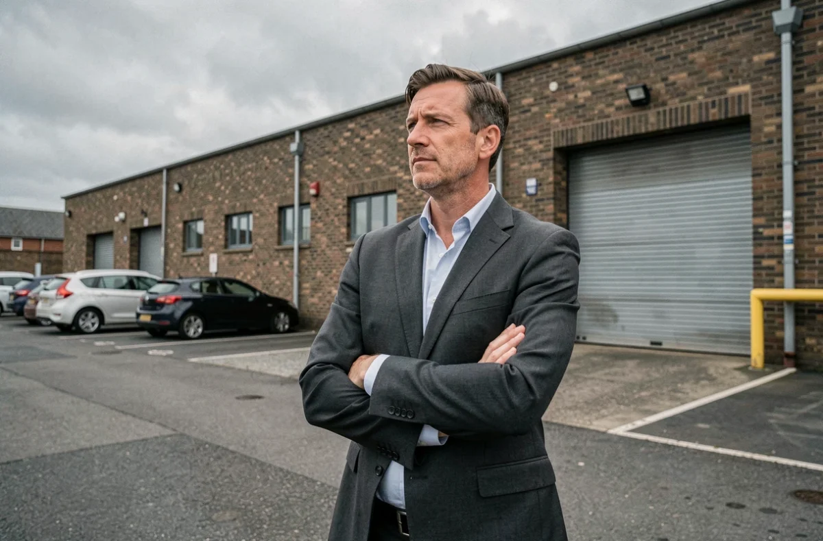 A British business owner standing outside a manufacturing facility in the Midlands, reflecting on the impact of the 2026 UK budget on his company.