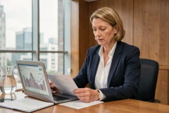 A businesswoman reviewing the 2026 UK budget documents in a modern London boardroom, with financial charts visible on her laptop screen.