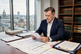 A construction lawyer reviewing legal contracts and blueprints at a boardroom table in a London law firm, with a city skyline visible through glass partitions.