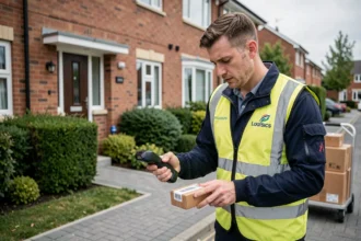 A male courier in a hi-visibility vest scanning a parcel barcode outside a red-brick UK townhouse, representing the future of parcel delivery services in 2026.