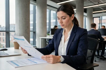 A professional woman reviewing UK data privacy compliance documents at a modern London office desk