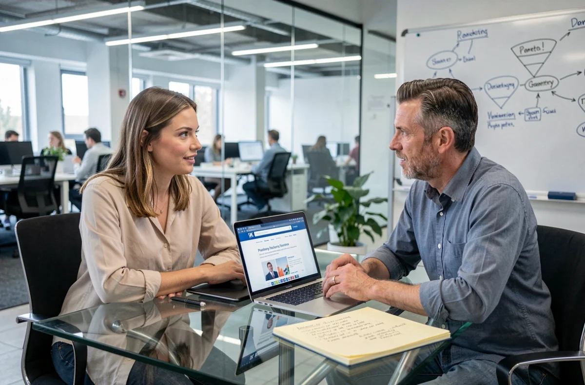 Two colleagues discussing UK data privacy strategy over a laptop in a glass-walled meeting room