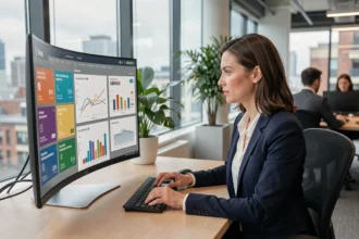 A marketing professional analysing digital marketing dashboards and SEO analytics on a curved monitor in a modern London co-working office