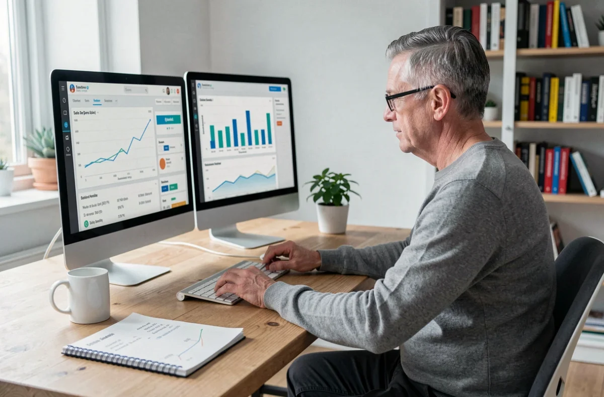 A man working on e-commerce sales analytics at a home office desk in the UK