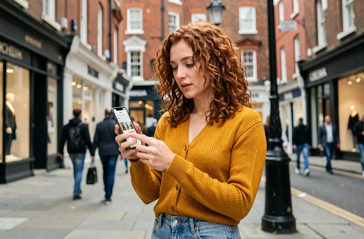 A young woman browsing an online shopping app on her smartphone on a London high street