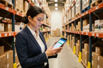 A businesswoman reviewing e-commerce order data on a tablet inside a UK warehouse fulfilment centre