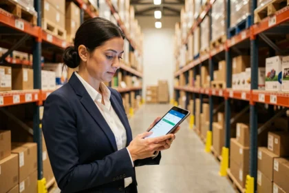 A businesswoman reviewing e-commerce order data on a tablet inside a UK warehouse fulfilment centre