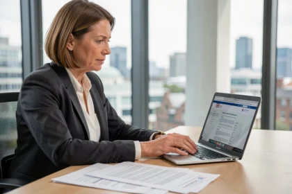 A professional woman reviewing UK employment law documents at a modern London office desk following Brexit changes