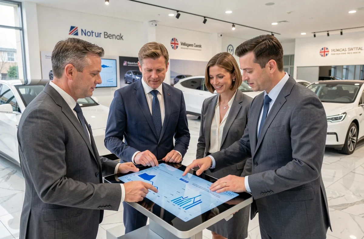Automotive industry executives reviewing electric vehicle transition data in a UK car dealership showroom