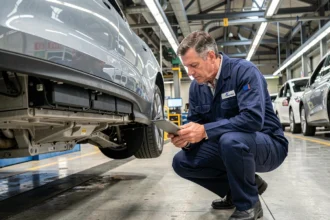 Automotive engineer inspecting an electric vehicle battery pack on a UK factory assembly line