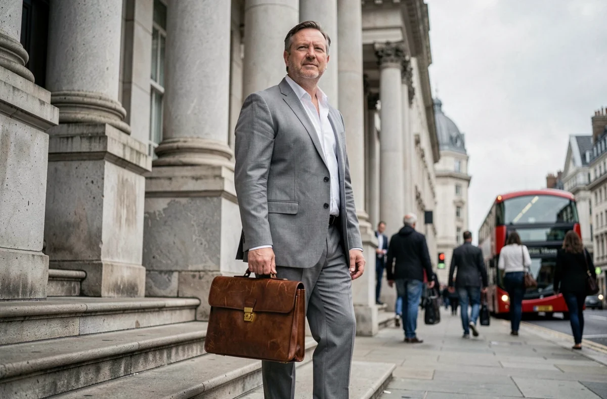 A confident businessman in a grey suit standing outside a classical City of London building, representing UK financial services and professional growth in 2026.