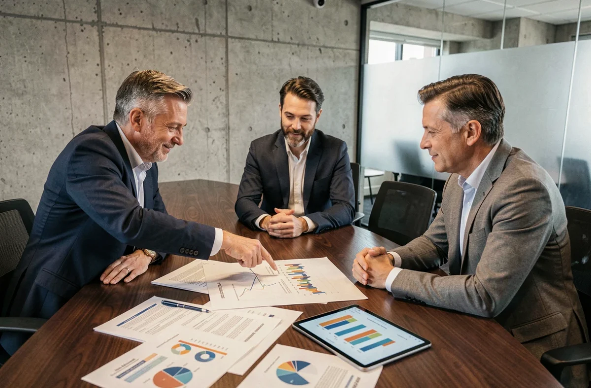 A group of business professionals discussing financial reports and data charts in a modern boardroom, illustrating UK financial services strategy for 2026.