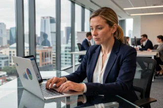 A professional woman in a tailored navy blazer reviewing financial documents on a laptop in a modern London office, representing UK financial services in 2026.