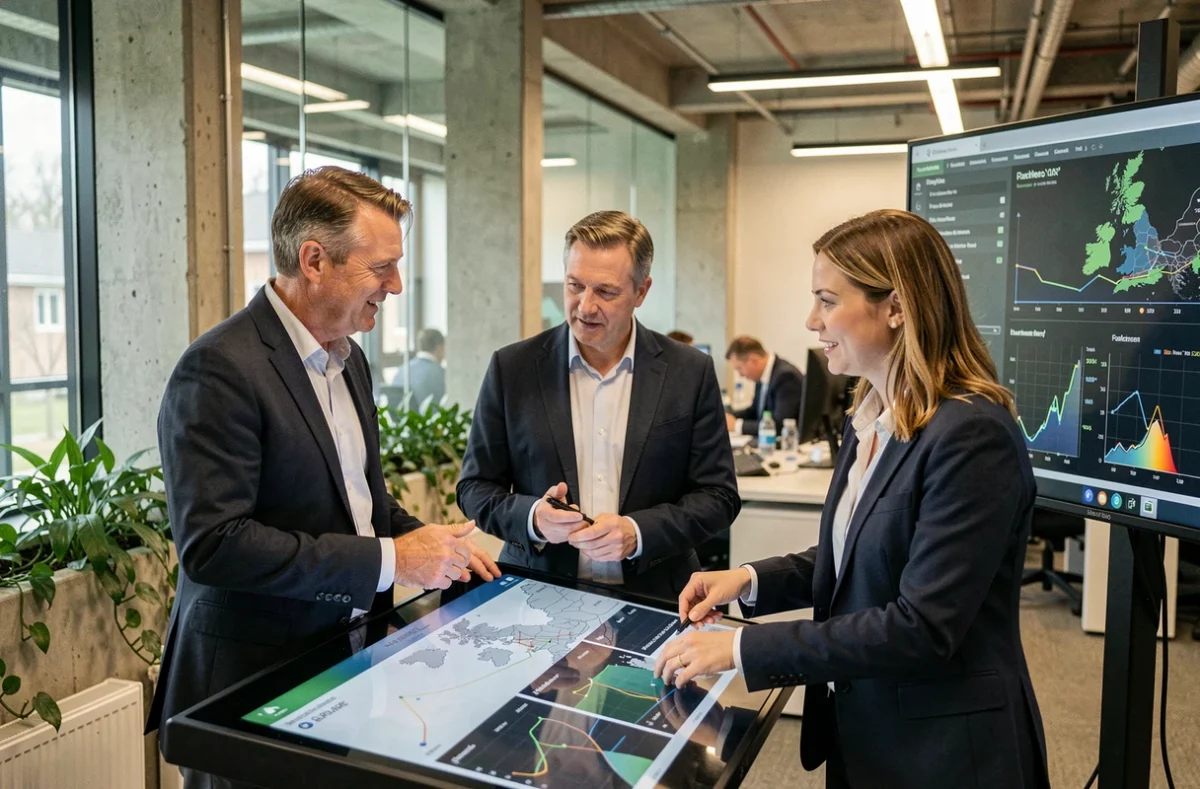 A diverse team of green energy professionals analysing renewable energy grid data on a touchscreen display inside a modern UK control centre, representing sustainable energy management.