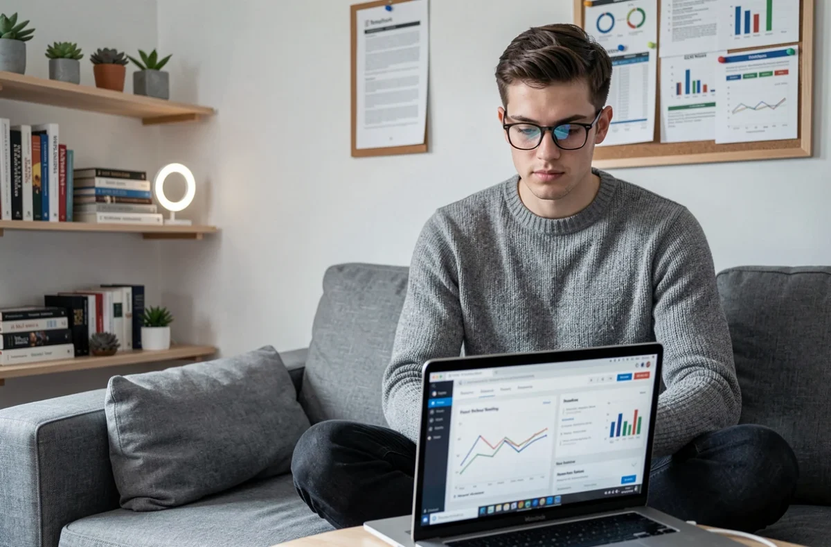 A young man working on an e-commerce content marketing platform and email campaign analytics from a minimalist home office in the UK