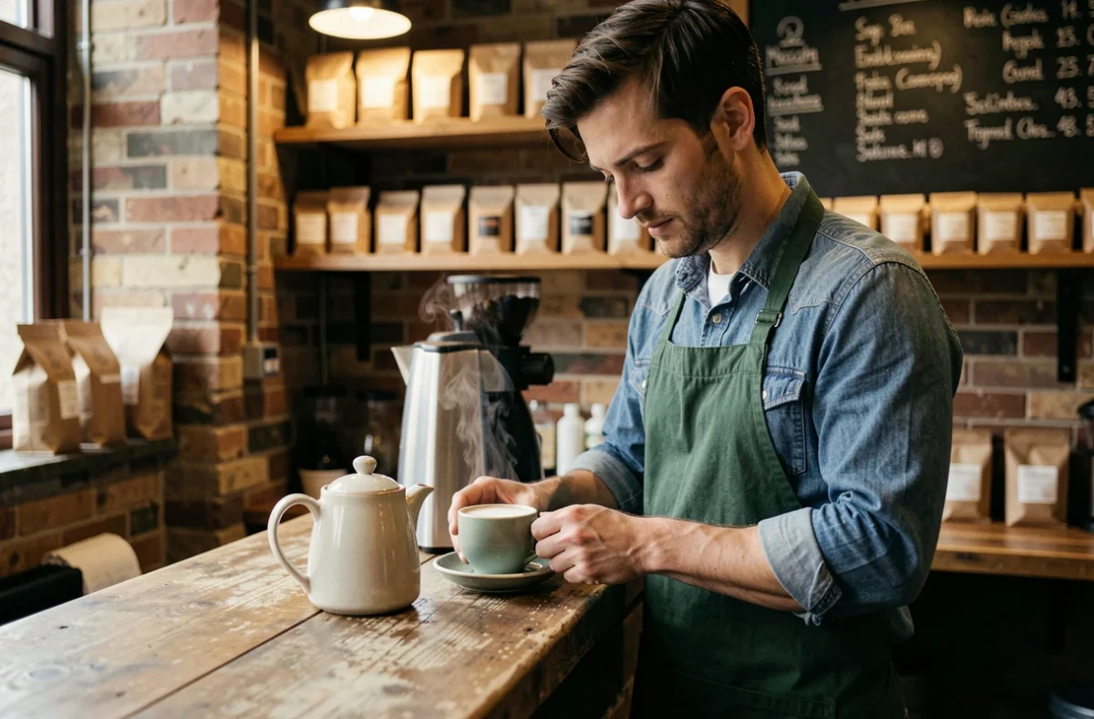 A male barista preparing a specialty flat white at an independent coffee shop in Manchester, illustrating the rise of artisan hospitality in the UK service industry.