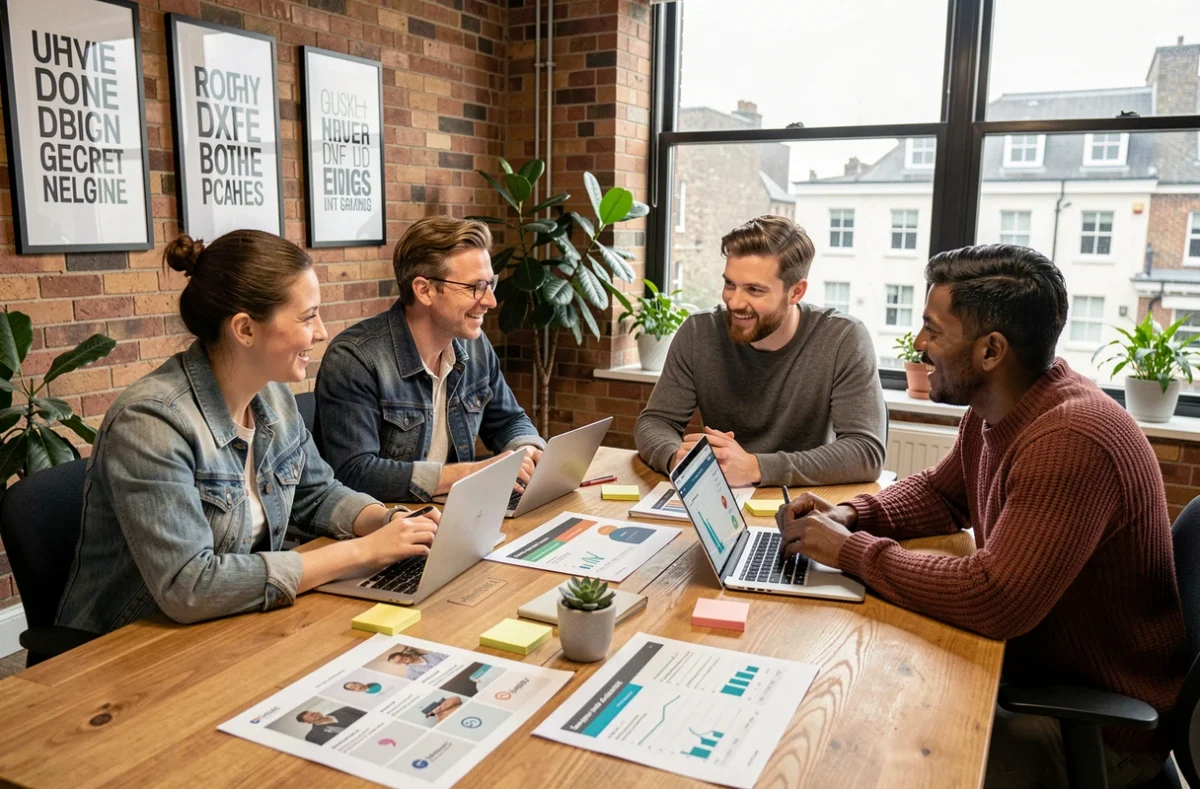 Diverse UK marketing team collaborating around a table covered in campaign materials and laptops in a creative agency
