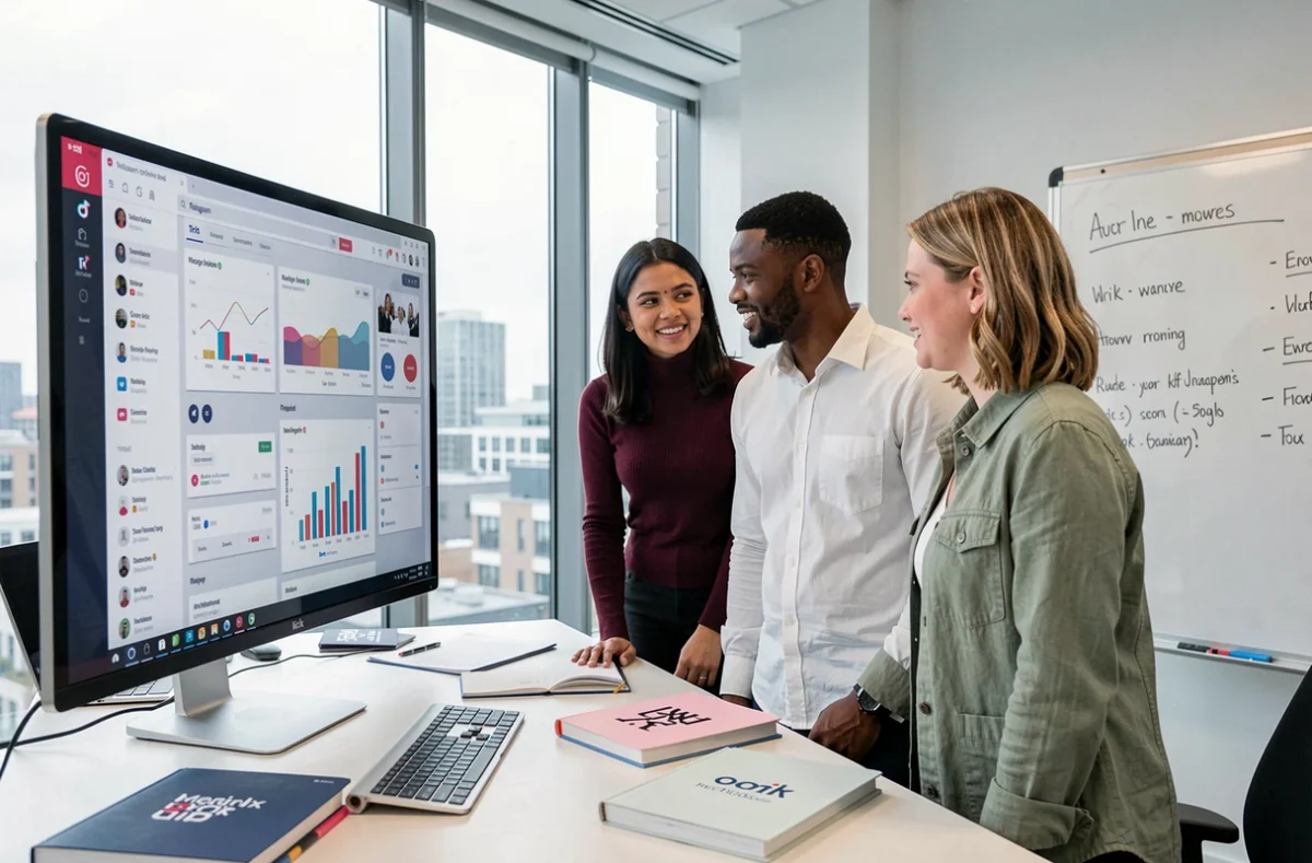 A diverse team of British marketing professionals reviewing Instagram and TikTok analytics on a monitor in a UK digital agency office, illustrating social media marketing strategy.