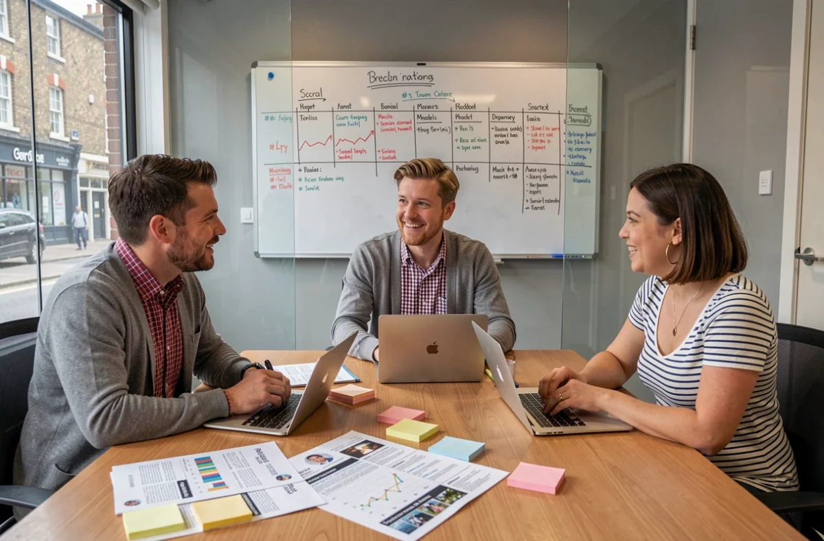 Diverse marketing team discussing social media campaign strategy around a conference table in a British agency office