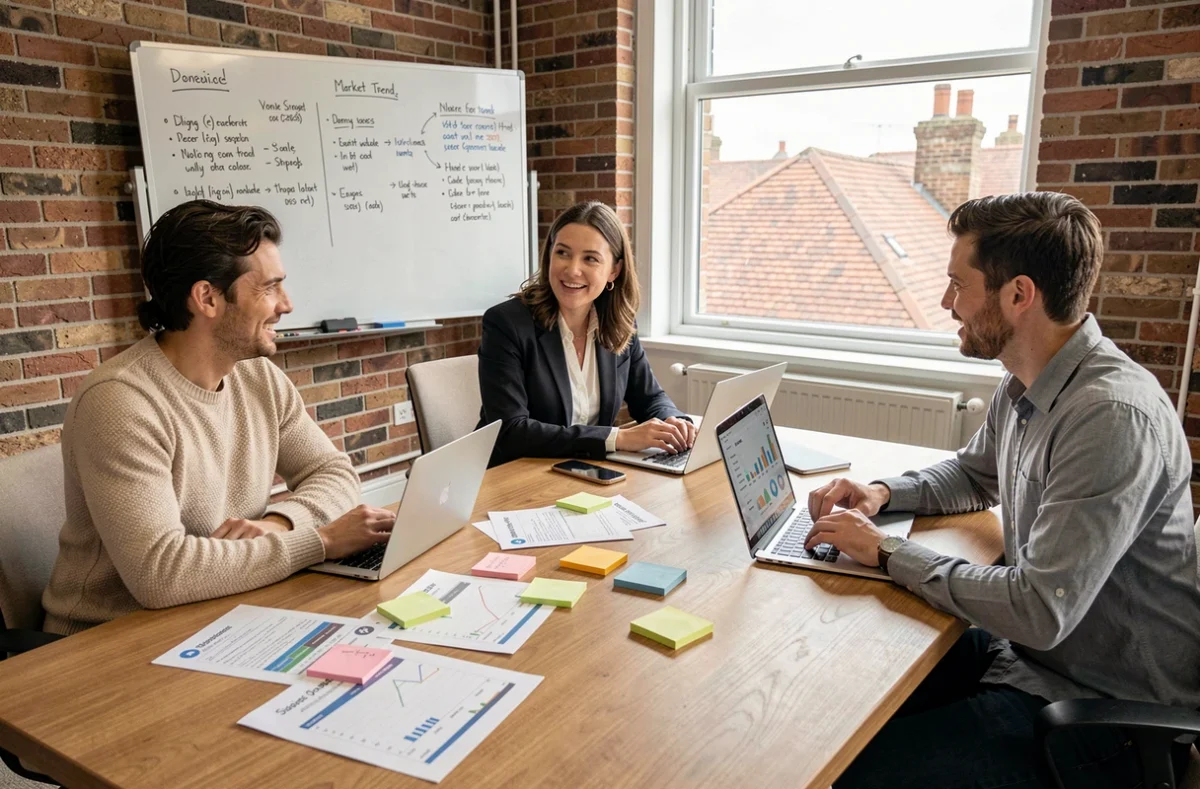 A team of online marketing professionals discussing social media strategy and campaign performance around a conference table in a British agency office