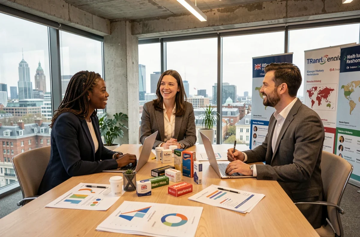 A team of British retail professionals analyse global market data in a contemporary London office, illustrating the strategic ambition behind UK brands' international dominance.