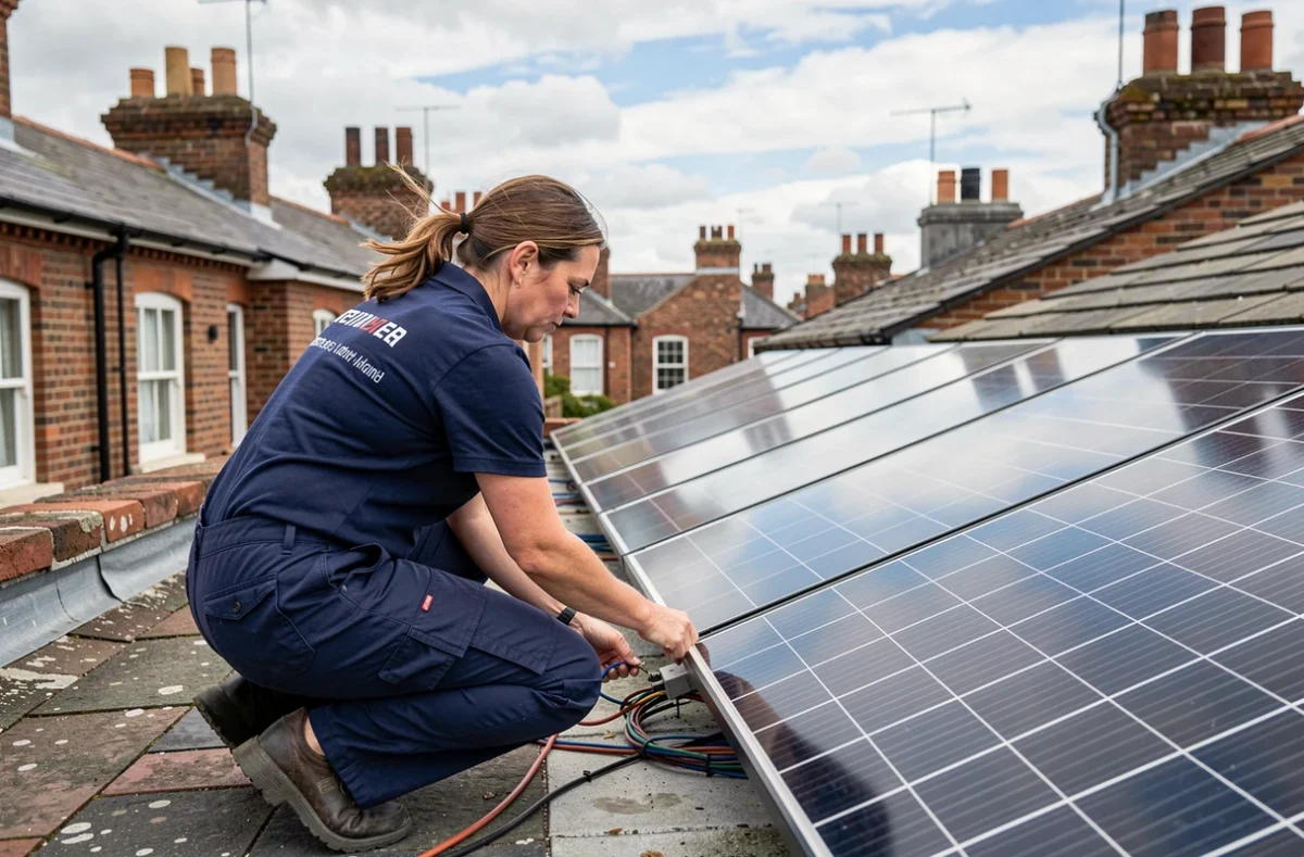 A female solar panel technician installing photovoltaic panels on the rooftop of a red-brick Victorian terraced house in the UK, illustrating residential green energy adoption.