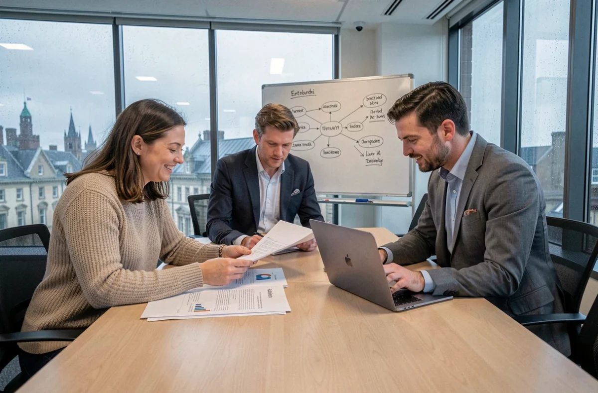 A diverse team of business professionals reviewing reports and data in a glass-walled meeting room in Edinburgh, highlighting collaborative growth within the UK service sector.