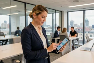 A professional woman in a navy blazer reviewing analytics on a tablet in a modern open-plan London office, representing growth in the UK service sector.