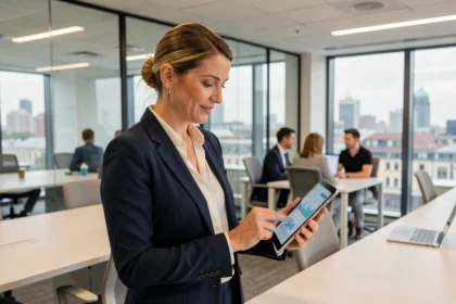 A professional woman in a navy blazer reviewing analytics on a tablet in a modern open-plan London office, representing growth in the UK service sector.