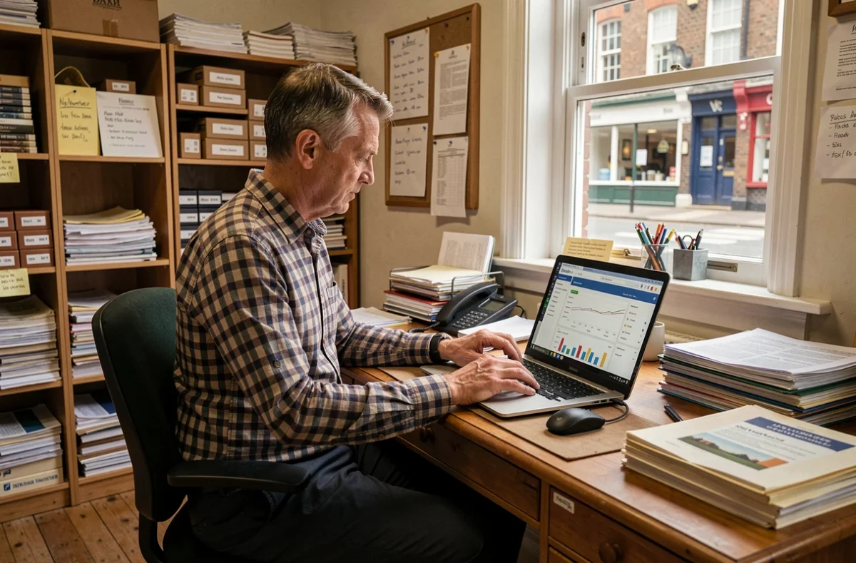 A British high-street business owner works on an e-commerce analytics platform at his desk, symbolising the digital transformation journey of established UK small businesses.