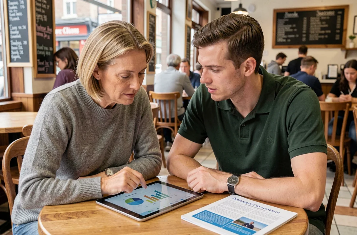 Two UK small business owners discussing tax law changes over a tablet in a high-street café