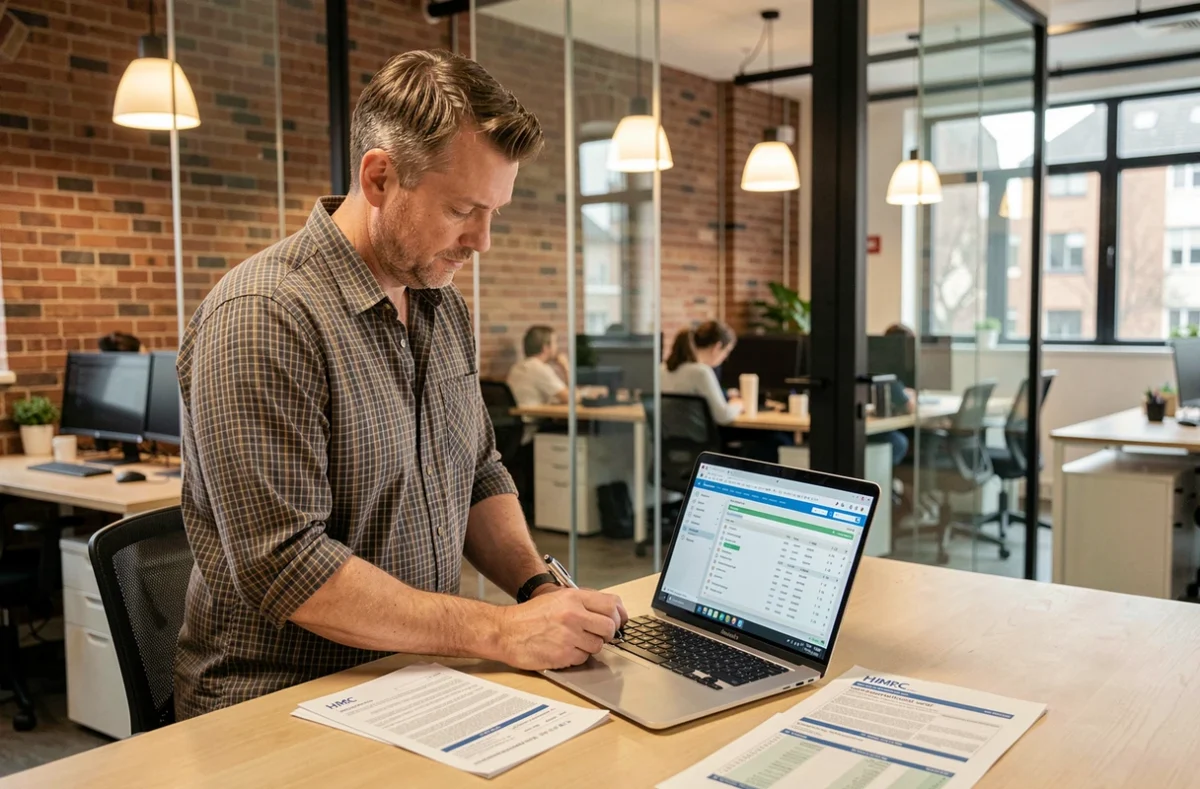 Male SME manager annotating tax reform paperwork at a co-working space in the UK