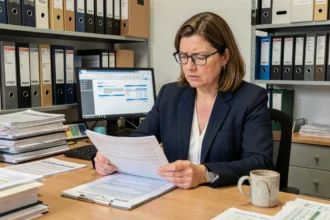 Small business owner reviewing new UK tax law documents at her office desk