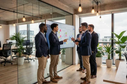 A diverse team of UK professionals collaborating on a digital roadmap using an interactive touchscreen in a modern open-plan office