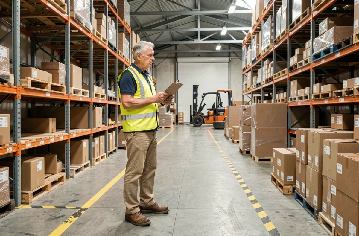 UK warehouse manager examining near-empty stock pallets amid Brexit-related supply chain disruption