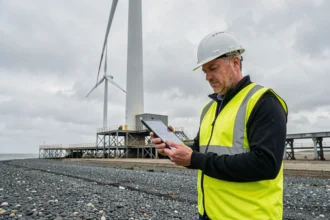 A male engineer in a high-visibility vest inspecting an offshore wind turbine on a UK coastal site, representing green energy infrastructure development.