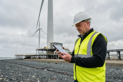 A male engineer in a high-visibility vest inspecting an offshore wind turbine on a UK coastal site, representing green energy infrastructure development.
