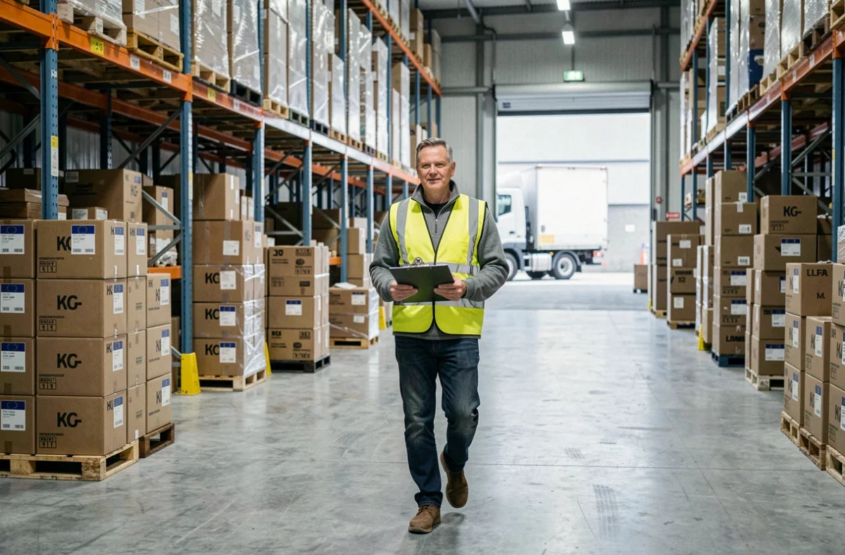 Warehouse manager inspecting EU and UK customs-labelled stock in a British distribution centre affected by post-Brexit trade changes