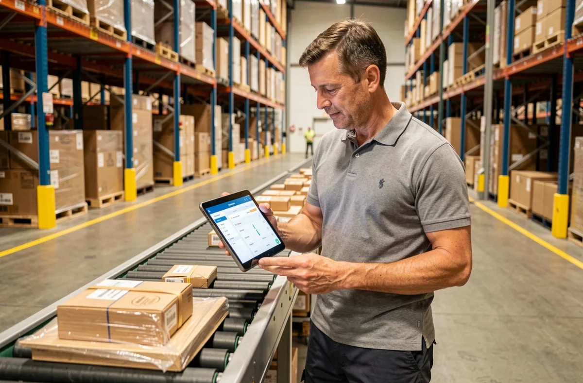 A male warehouse operative reviewing a parcel routing dashboard on a tablet inside a UK fulfilment centre, highlighting advanced logistics technology in courier services for 2026.
