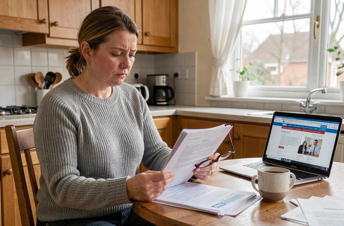 A woman reading NHS correspondence and legal documents at home whilst researching medical negligence advice