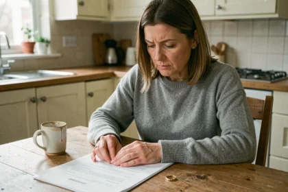 A woman in her 40s sitting alone at a kitchen table reviewing divorce legal documents with a wedding ring placed beside them, symbolising UK divorce law reform
