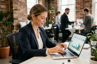Professional woman reviewing email marketing analytics on a laptop in a London co-working space