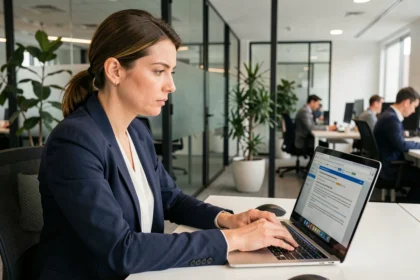 Professional woman reviewing UK online privacy law documents on a laptop in a modern office environment