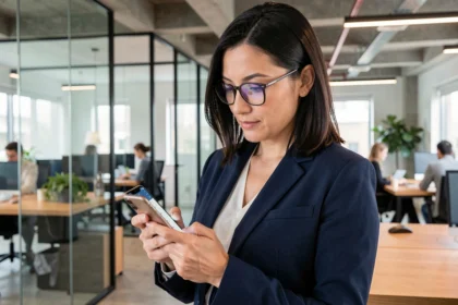 Professional woman using a smartphone banking app in a modern fintech office environment in the UK