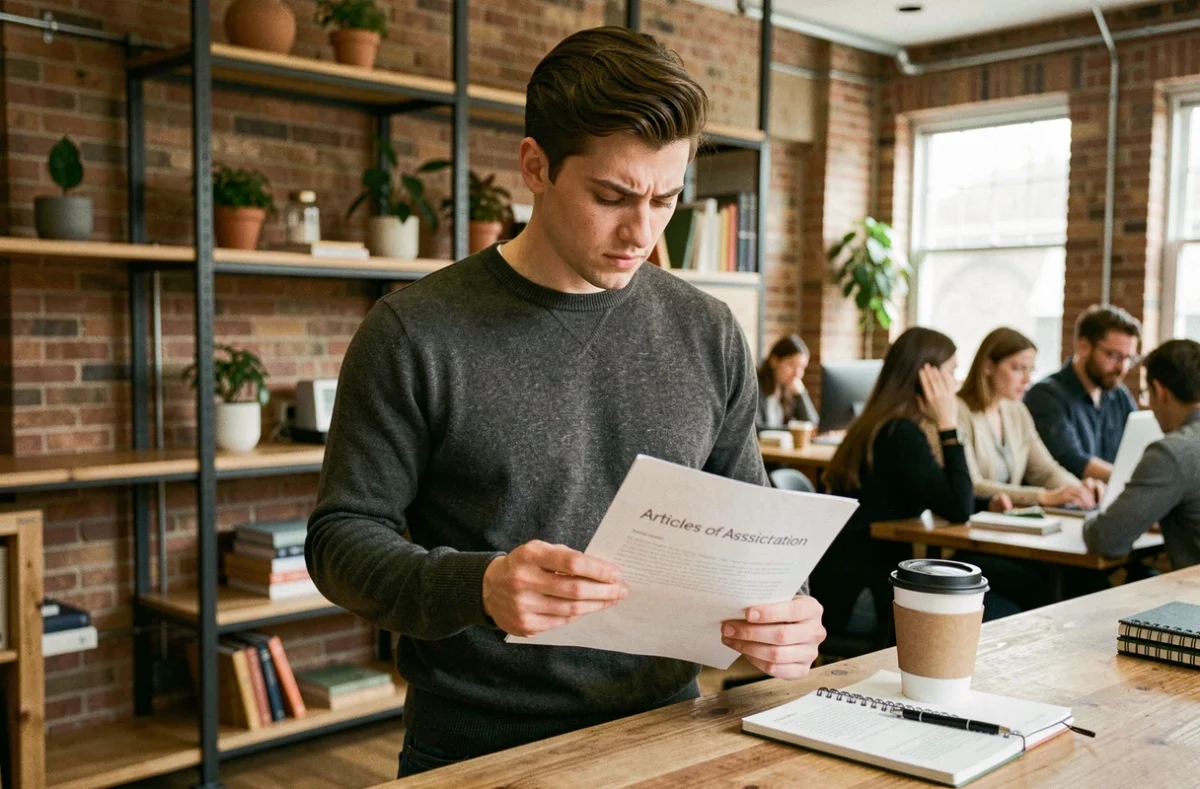 A young entrepreneur reading an Articles of Association document in a co-working space, representing the legal challenges and administrative requirements faced when starting a new business in the United Kingdom.