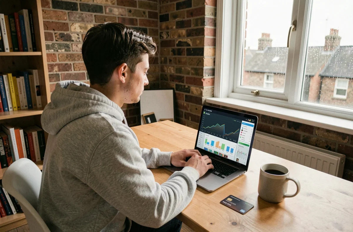 Young man managing finances on a fintech dashboard laptop in a London flat, with a contactless payment card on the desk
