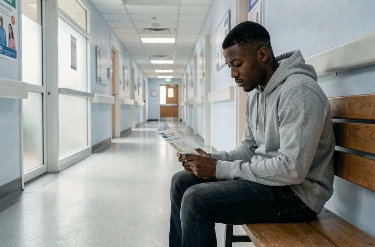 Young man reading a mental health support leaflet while sitting alone in a UK NHS hospital corridor