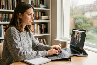 Young woman studying online with a laptop during a virtual tutoring session at a home desk in the UK